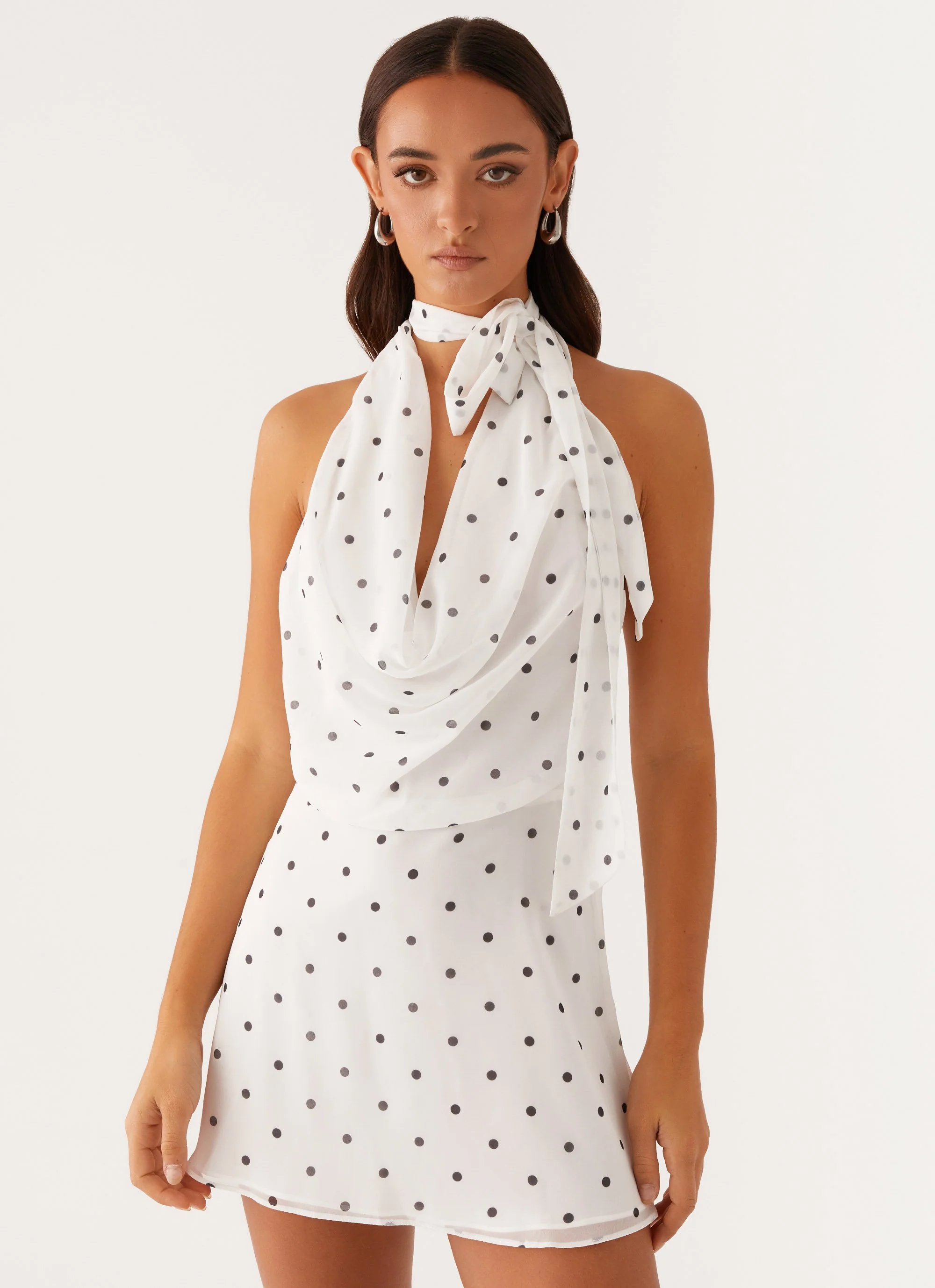 Avalia Backless Scarf Mini Dress - White Polka Dot - Image 6