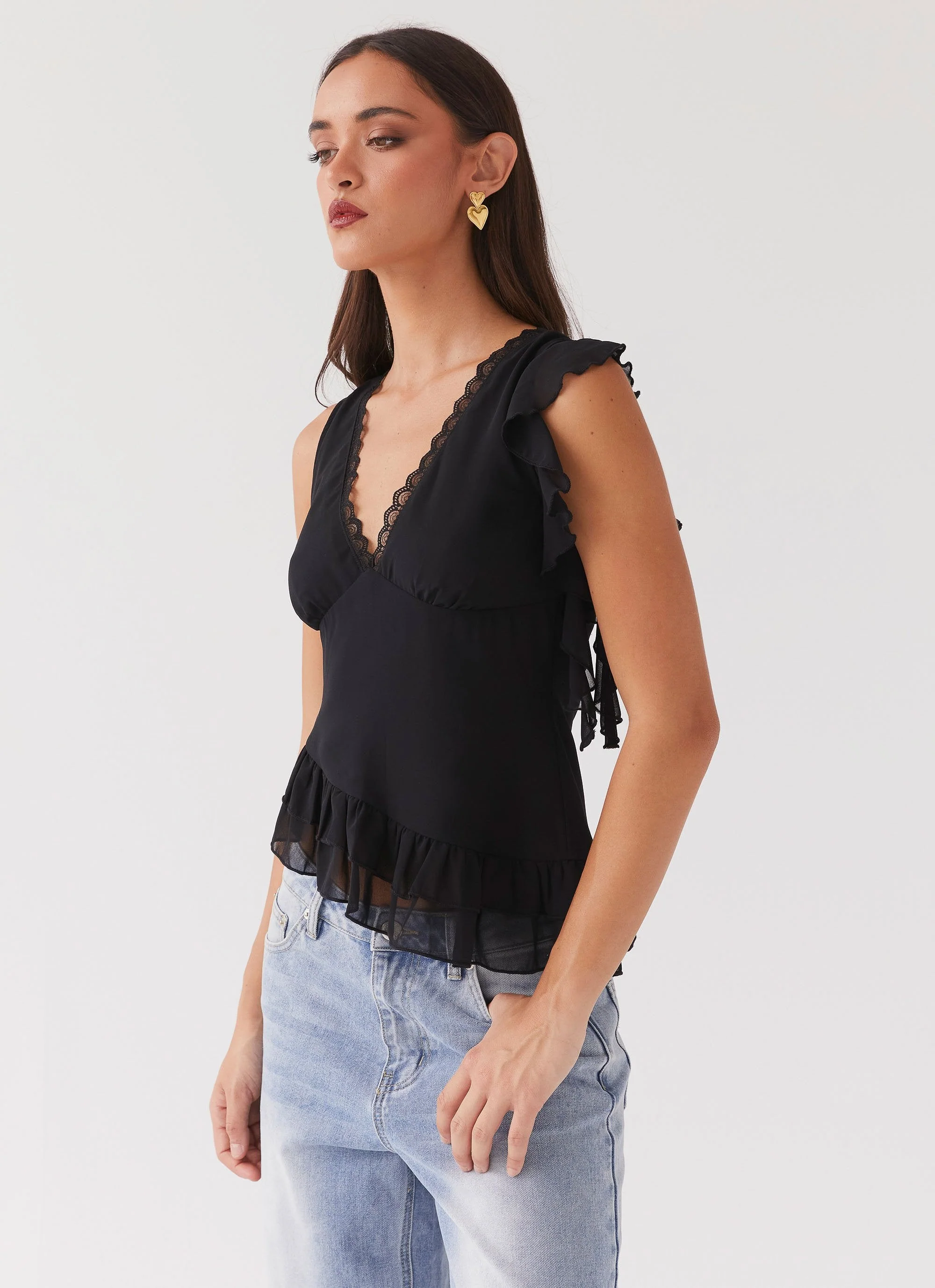 Empress Frill Trim Top - Black - Image 3