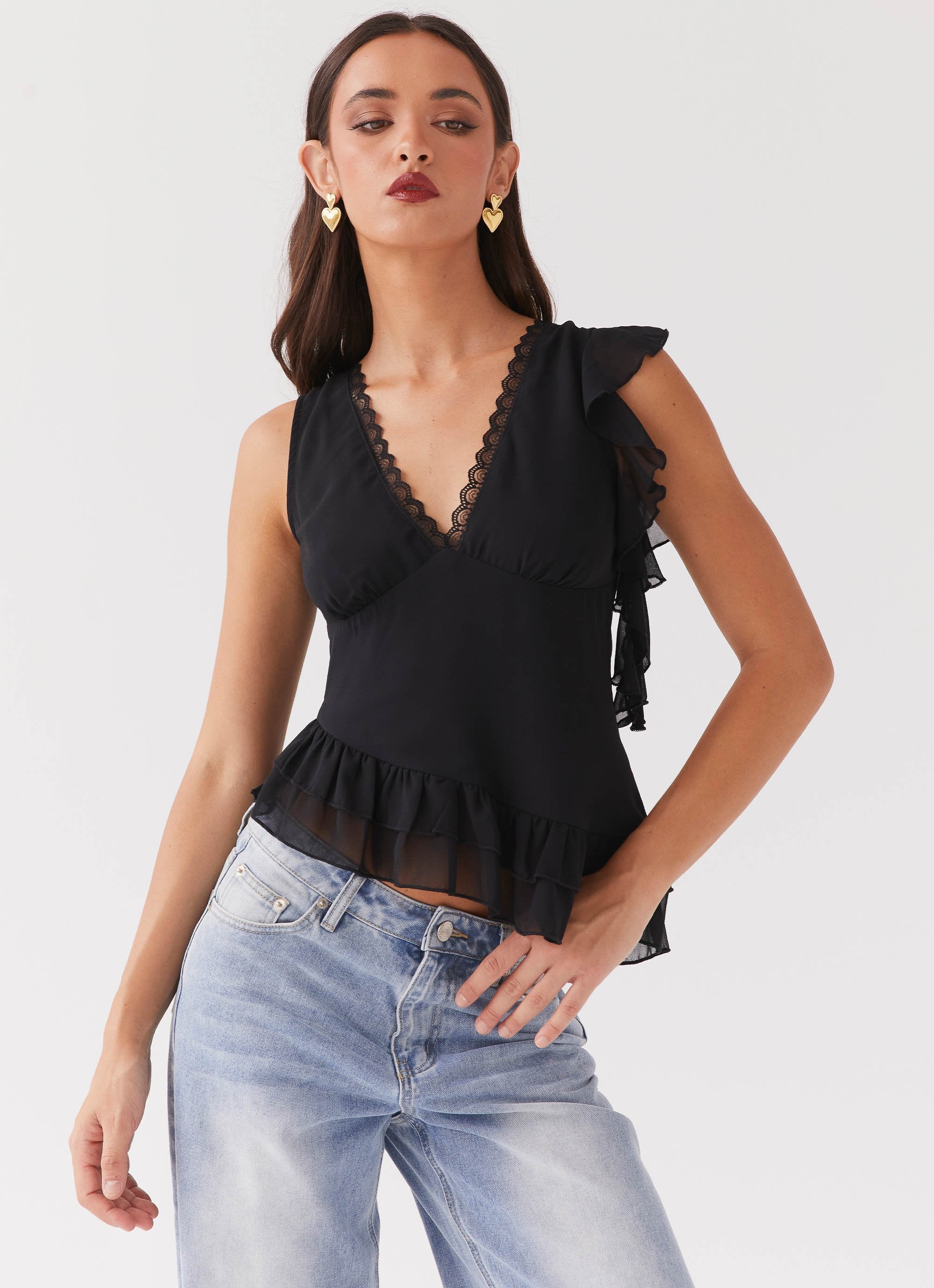 Empress Frill Trim Top - Black - Image 4