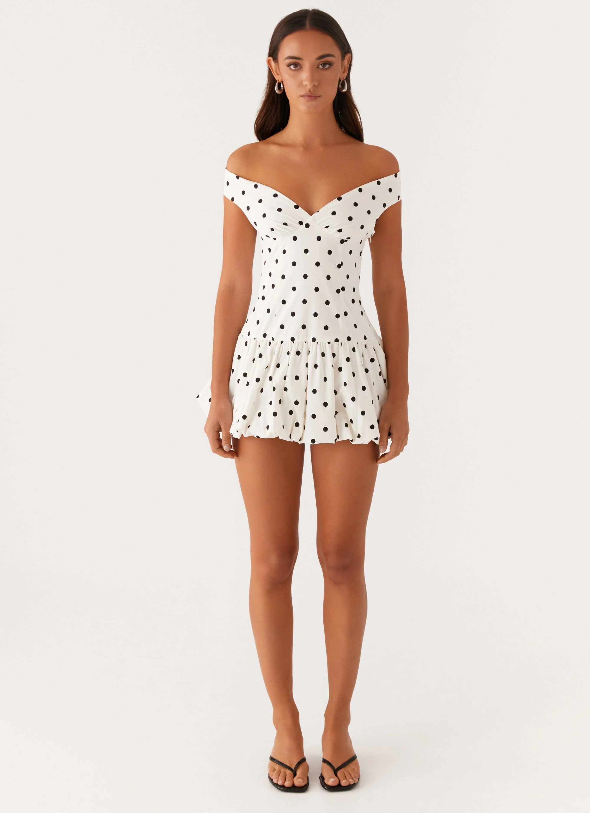 Endless Romance Off Shoulder Mini Dress - White Polka Dot - Image 3