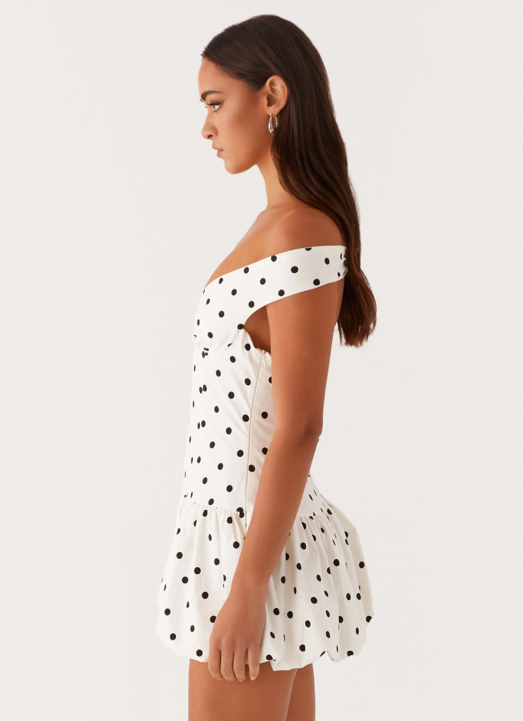 Endless Romance Off Shoulder Mini Dress - White Polka Dot - Image 4