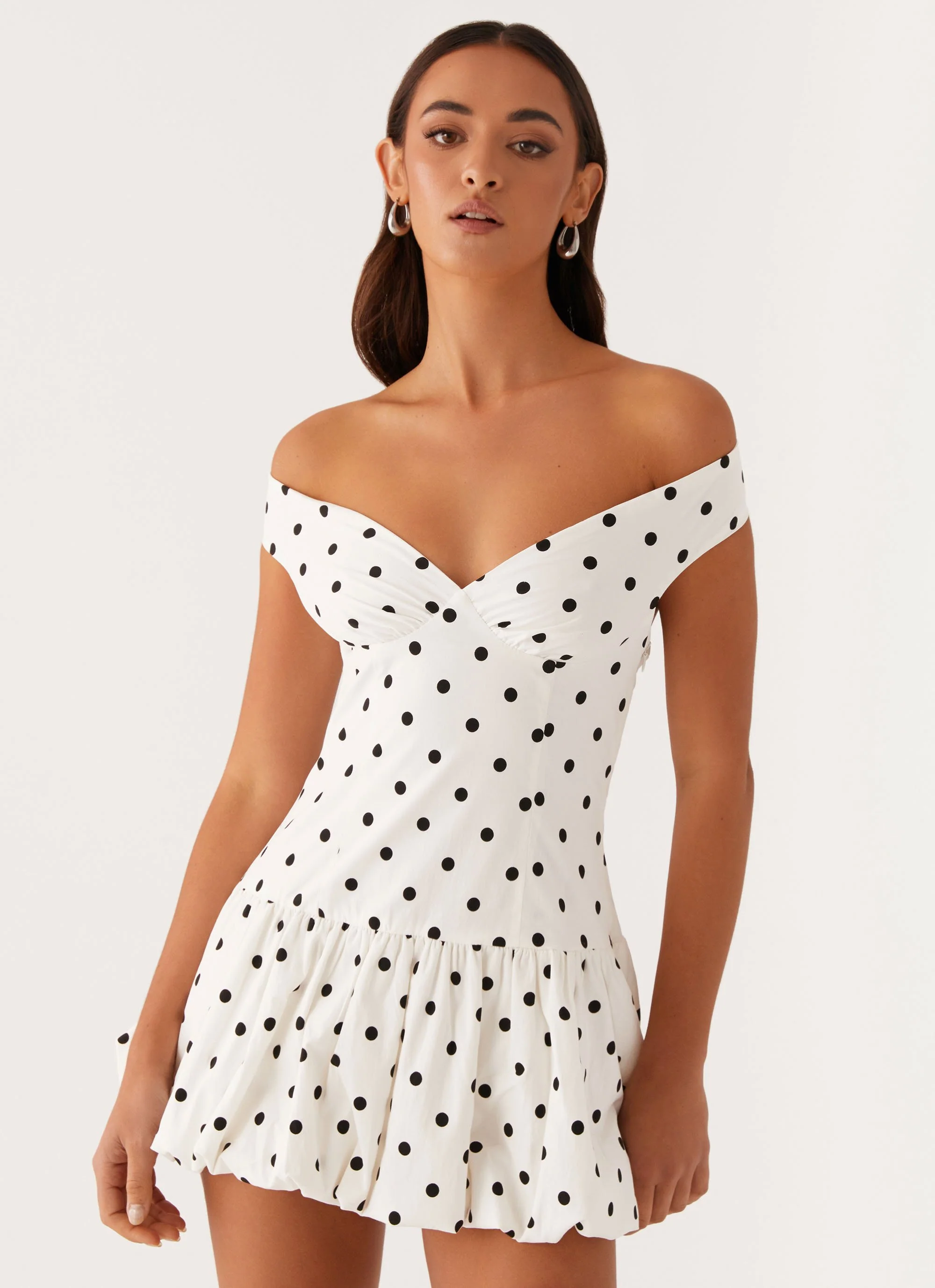 Endless Romance Off Shoulder Mini Dress - White Polka Dot - Image 7