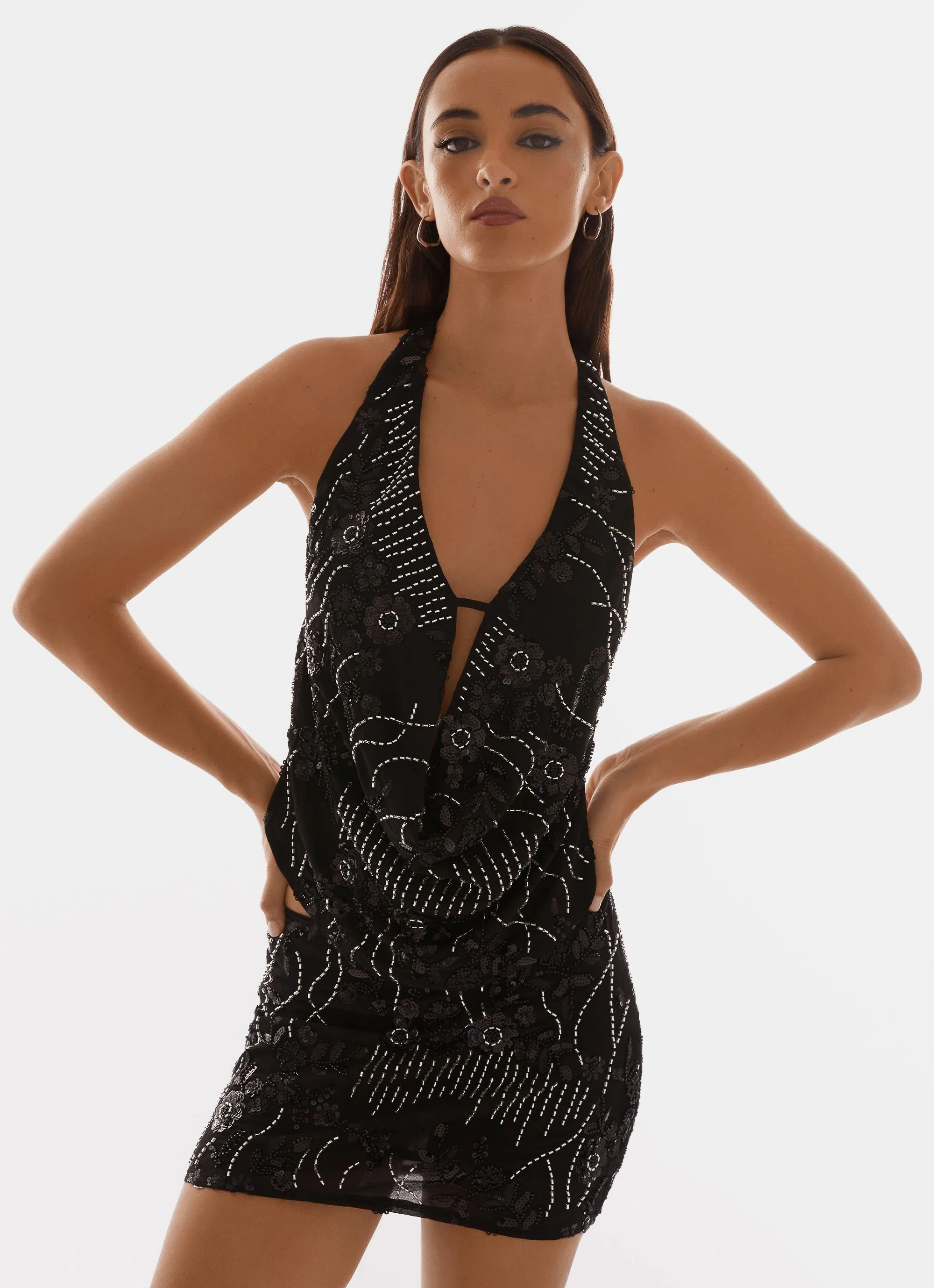 Gail Beaded Cowl Halterneck Top - Black - Image 6