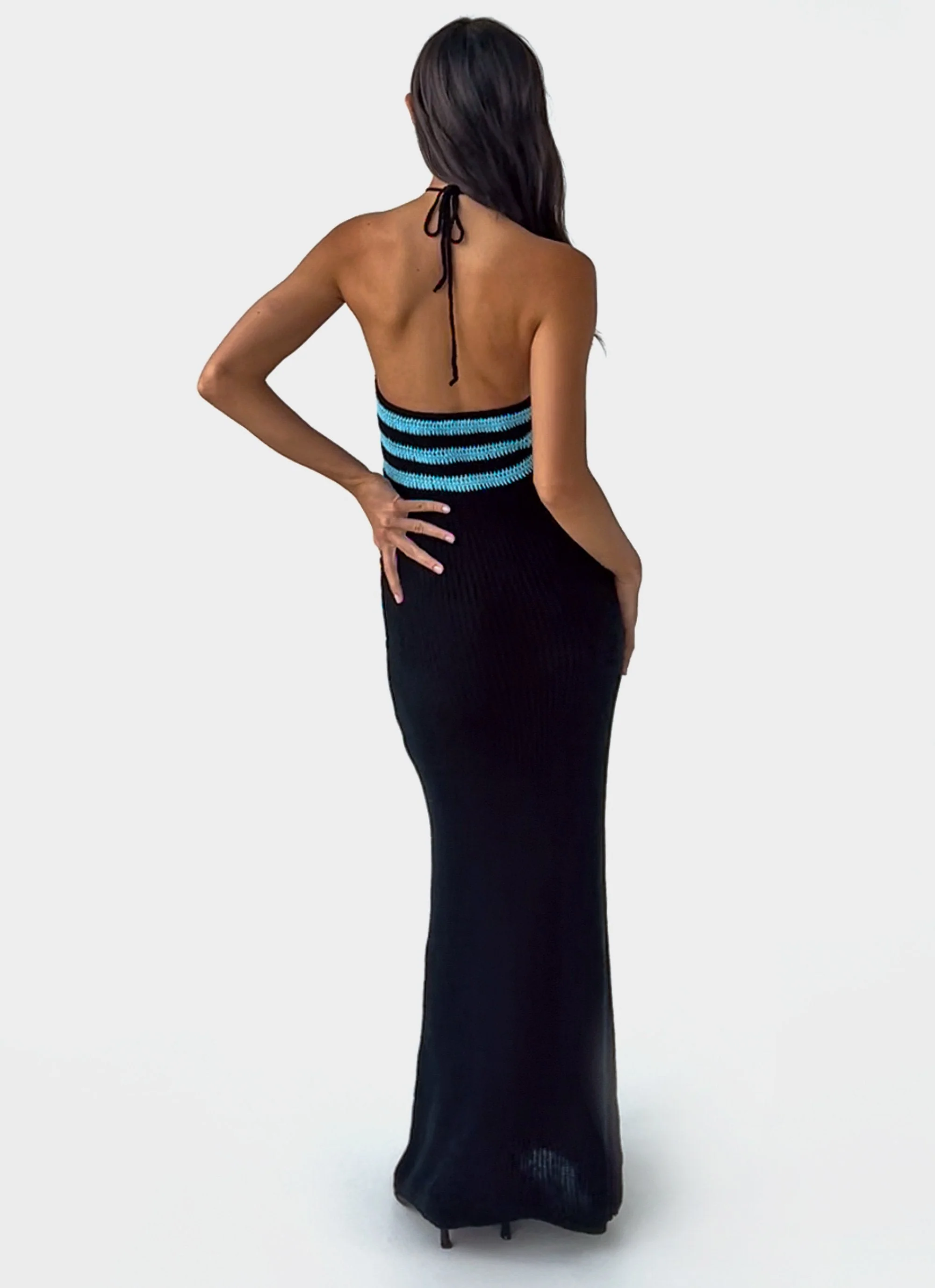 Masterpiece Halterneck Crochet Maxi Dress - Azure Stripe - Image 3