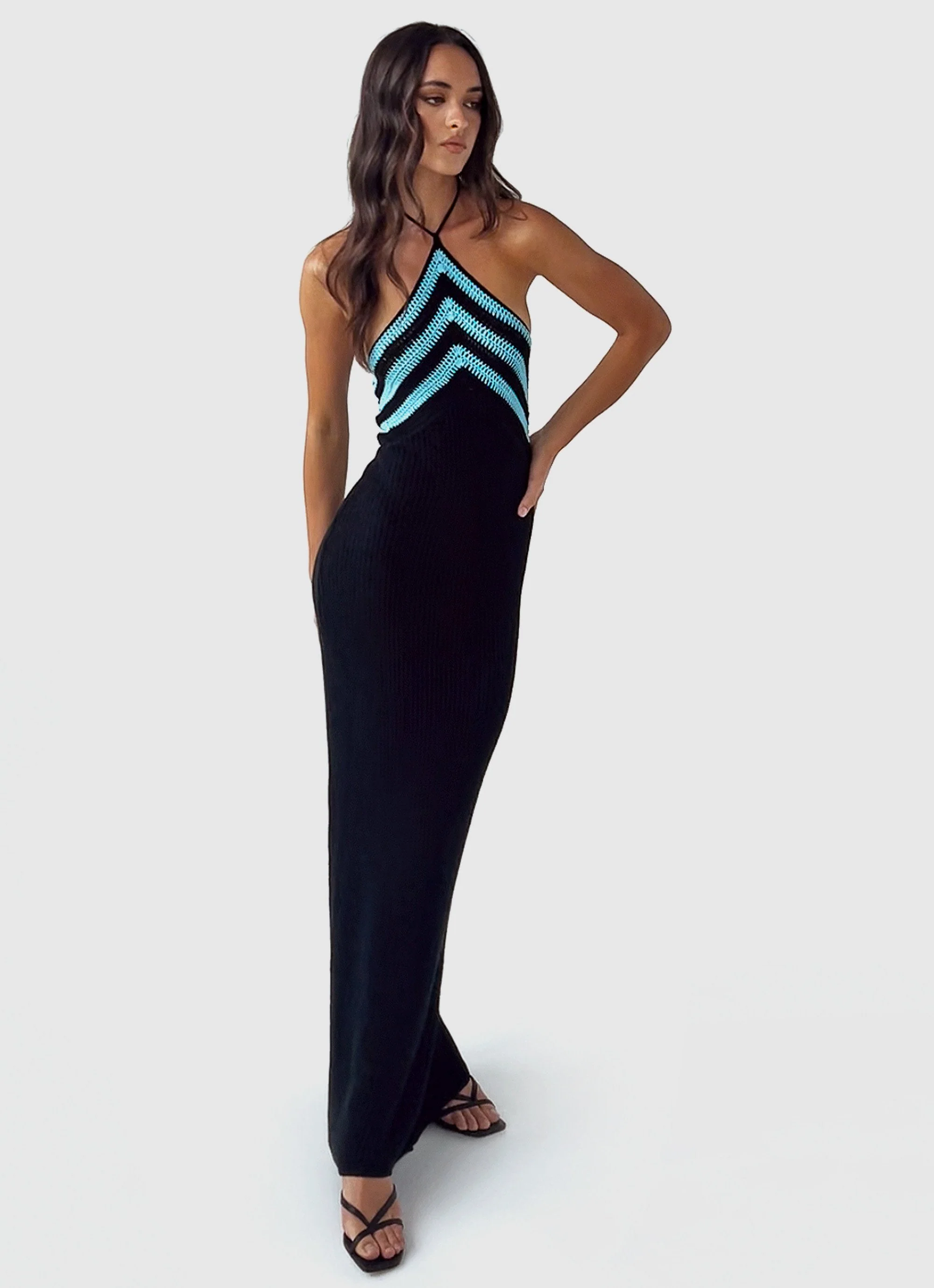 Masterpiece Halterneck Crochet Maxi Dress - Azure Stripe - Image 6