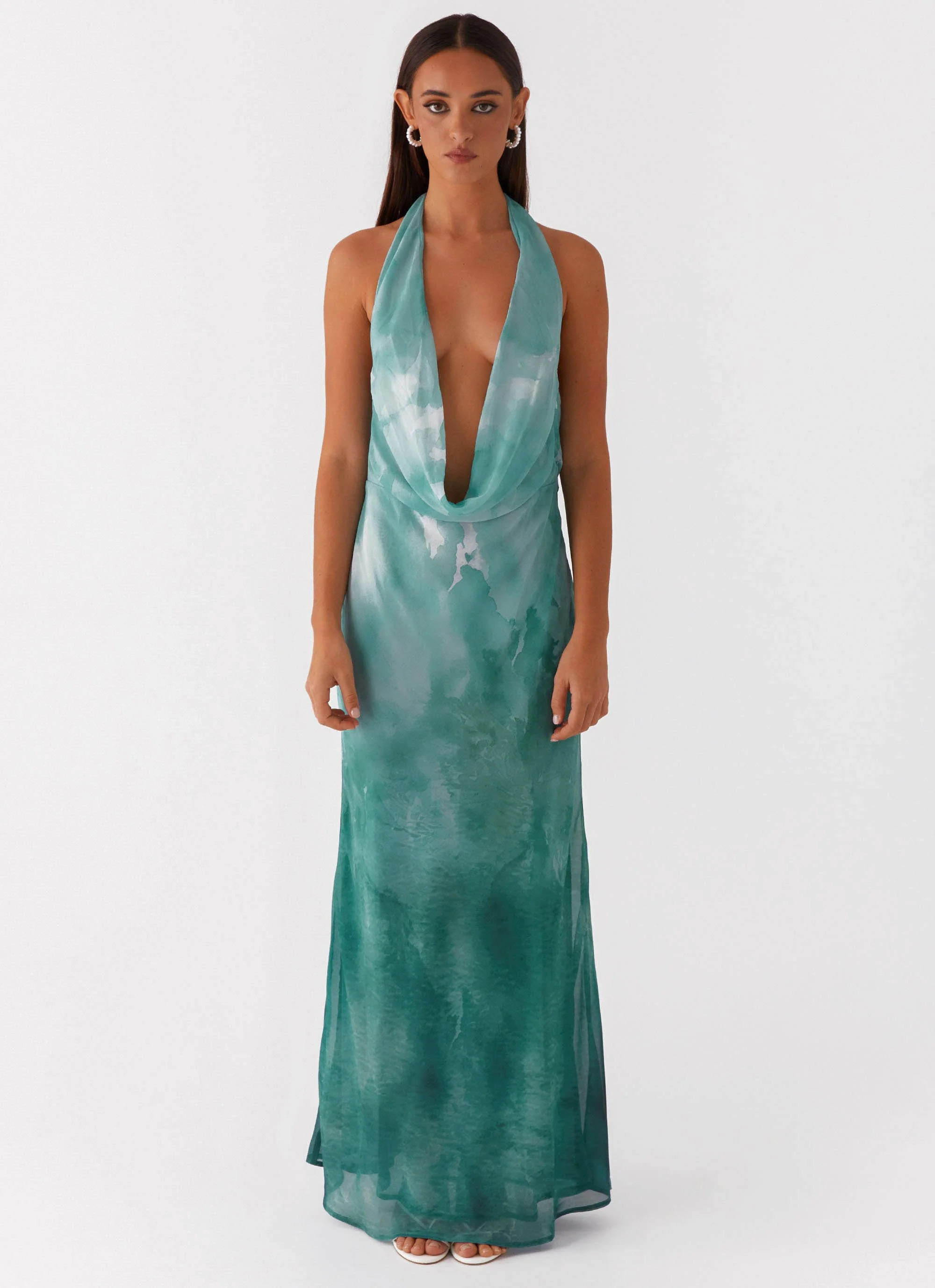 Nerissa Cowl Neck Maxi Dress - Green Tie Dye - Image 4