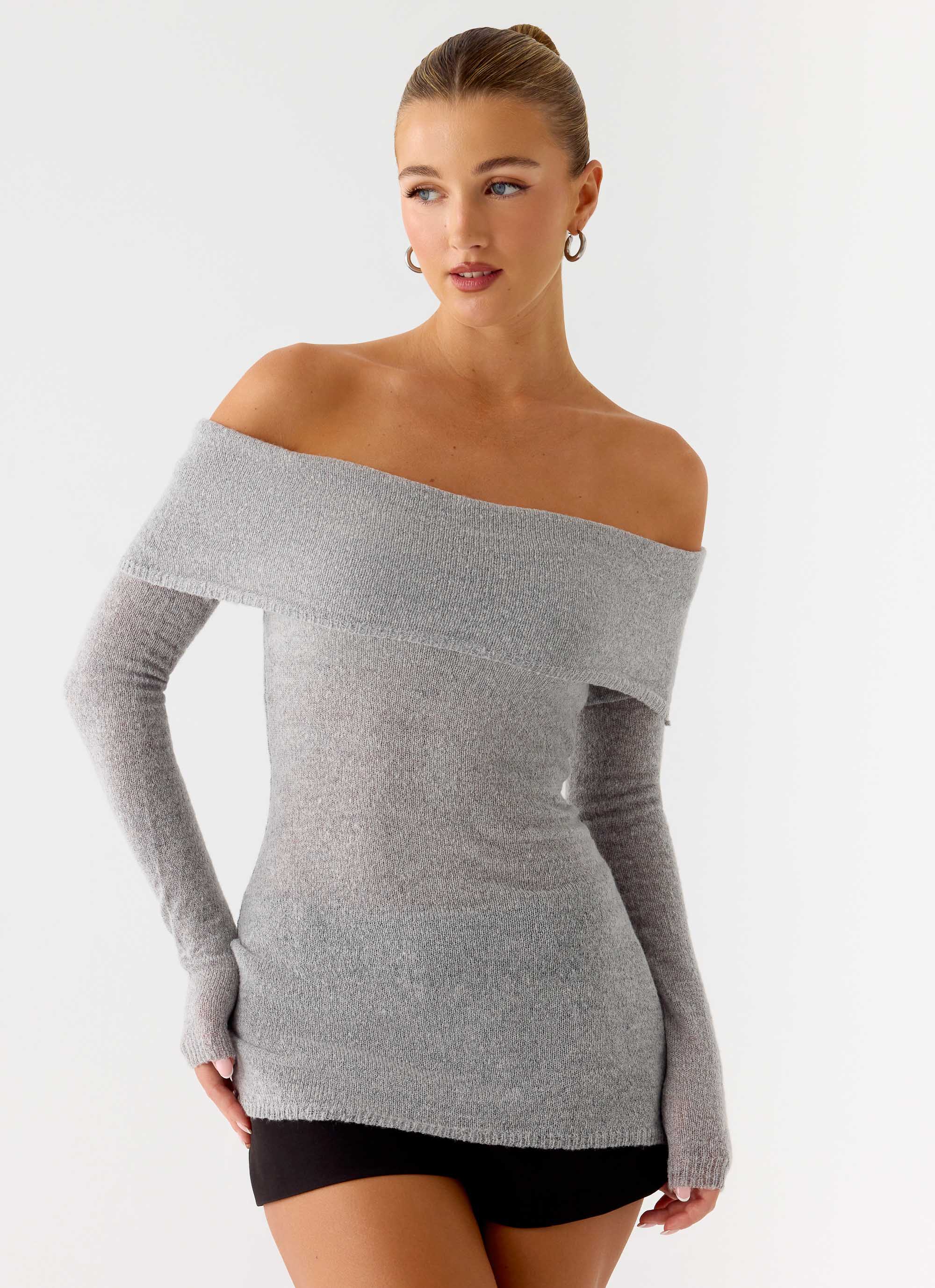 Romeo Bardot Knit Top - Grey - Image 4